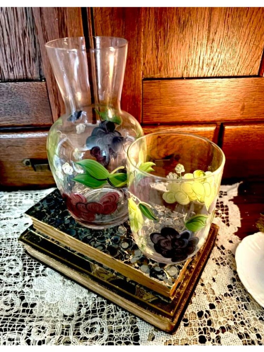 Vintage Hand Painted Tumble Up Set, Bedside Water Carafe with Glass Lid, Cottage - Picture 5 of 10